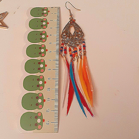 Earrings Bohemian Feather Long Dangle Indian - Picture 3 of 6